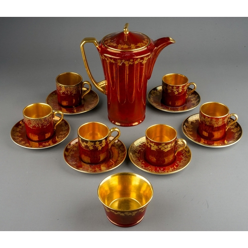 386 - A vintage Crown Devon lustre and gilt pattern no 699 coffee service including coffee pot, six cans, ... 