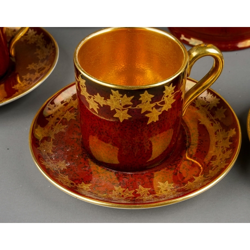 386 - A vintage Crown Devon lustre and gilt pattern no 699 coffee service including coffee pot, six cans, ... 