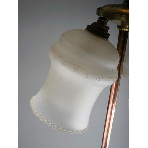 430 - W A S Benson brass twin light adjustable reading lamp, on splayed base, with opaline glass shades,  ... 