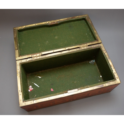 431 - An early 20th Century brass and vari wood carrying box, the cover inset with initials H, L and E, gr... 