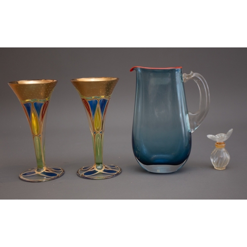 440 - A collection of glass to include: Patrick Stern blue jug with red enamelled rim and clear glass hand... 