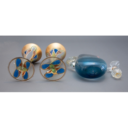 440 - A collection of glass to include: Patrick Stern blue jug with red enamelled rim and clear glass hand... 