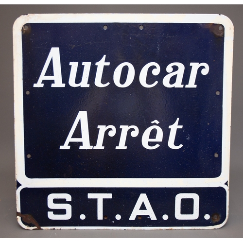 448 - A vintage French black and white advertising sign for AUTOCAR ARRET S.T.A.O., approx 50 x 50cm