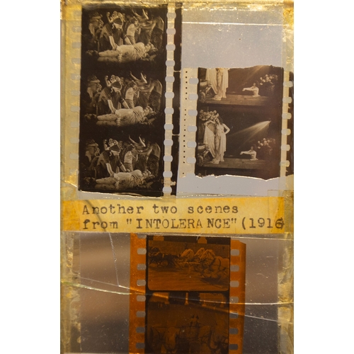 475 - Film/Movie Interest: three early 20th Century 35mm black and white film fragments within glass and a... 