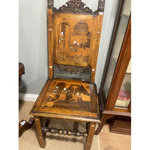 479 - Two Italian 19th century hall chairs with inlaid ivory and marquetry biblical scenes. Ivory Licence ... 