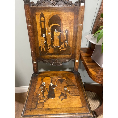 479 - Two Italian 19th century hall chairs with inlaid ivory and marquetry biblical scenes. Ivory Licence ... 