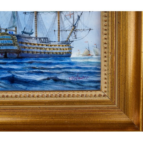 485 - A Stefan Nowacki painted porcelain plaque depicting a British naval tall ship, signed lower right, a... 