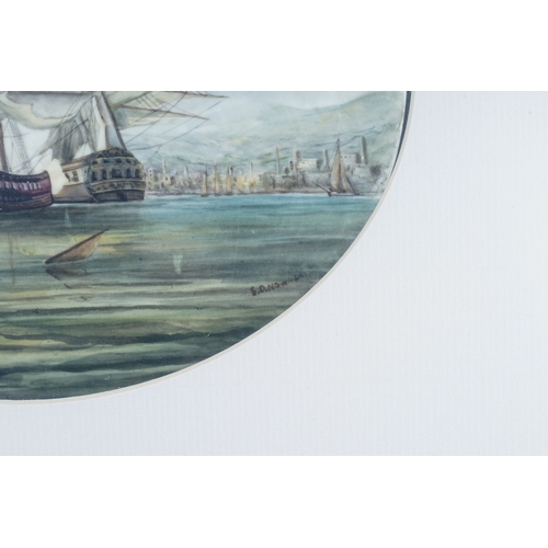 488 - A Stefan Nowacki painted porcelain oval plaque depicting two British naval tall ships in harbour in ... 