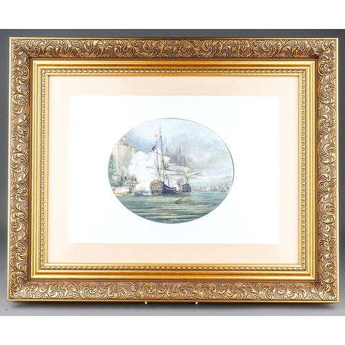 488 - A Stefan Nowacki painted porcelain oval plaque depicting two British naval tall ships in harbour in ... 