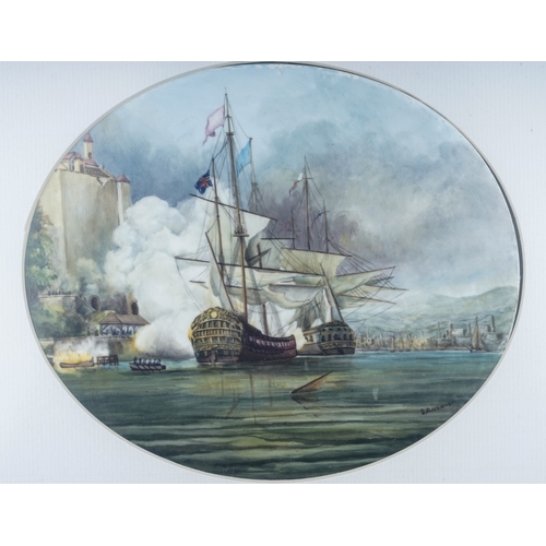 488 - A Stefan Nowacki painted porcelain oval plaque depicting two British naval tall ships in harbour in ... 