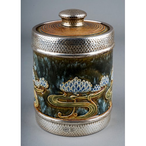 489 - An Art Nouveau Royal Doulton silver-mounted cylindrical tobacco jar and cover, raised sinuous floral... 