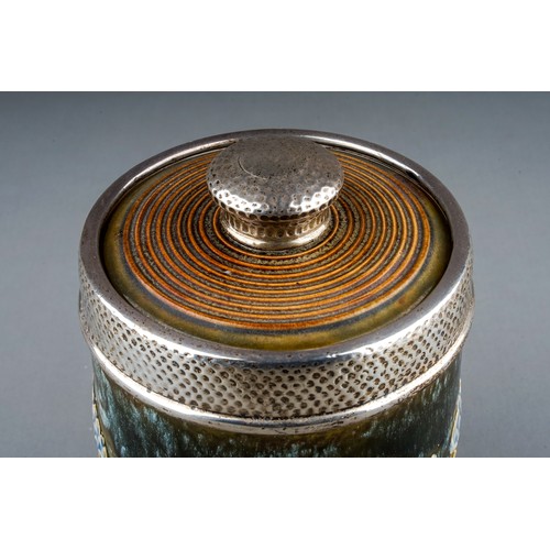 489 - An Art Nouveau Royal Doulton silver-mounted cylindrical tobacco jar and cover, raised sinuous floral... 