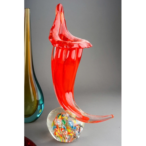 503 - 5 pieces of coloured art glass - including Blenko Mother of Child with its stopper and Murano