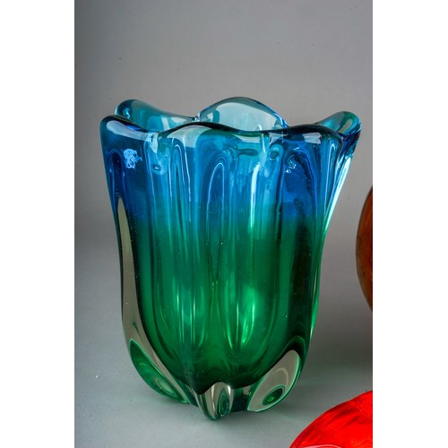 503 - 5 pieces of coloured art glass - including Blenko Mother of Child with its stopper and Murano