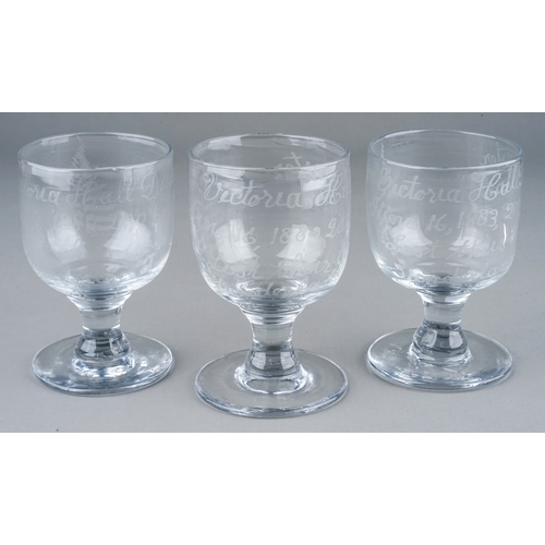 504 - A set of three etched commemorative goblets with inscriptions which read: Victoria Hall Disaster Jun... 