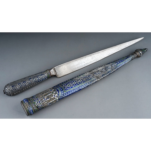 510 - A late 19th Century antique Indian Kashmiri dagger in silver and enamel.  Dents to scabbard.  Length... 