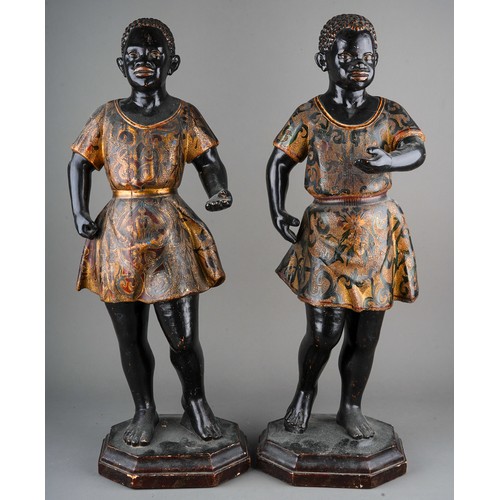 515 - Pair of antique 19th Century Venetian Blackamoor figures.  Polychrome carved wood with gesso & gilt ... 