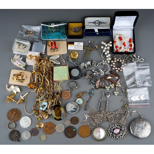 585 - Costume jewellery, including paste and marcasite brooches, sterling silver pendant compact; stick pi... 