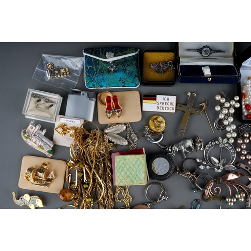 585 - Costume jewellery, including paste and marcasite brooches, sterling silver pendant compact; stick pi... 