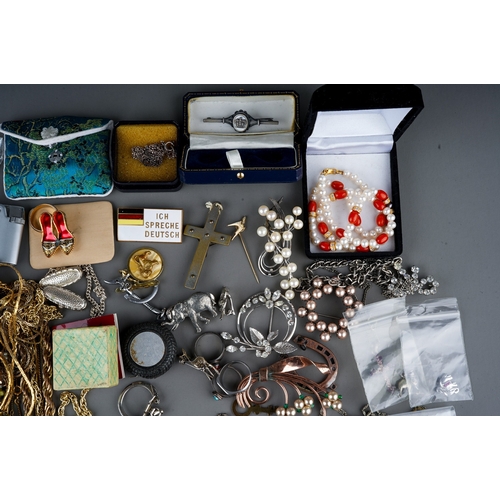 585 - Costume jewellery, including paste and marcasite brooches, sterling silver pendant compact; stick pi... 