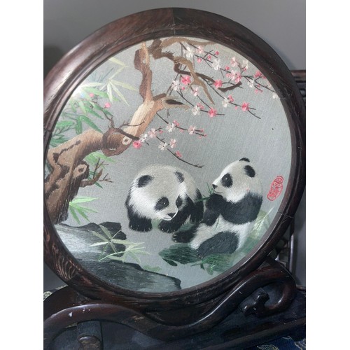 392 - A Chinese silk and embroidered panel of Pandas, signed within circular frame and mount, fitted box t... 