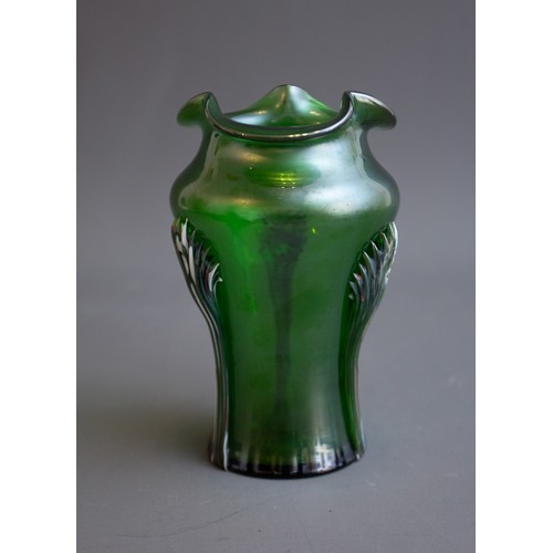 425 - An early 20th Century iridescent green waisted vase with tri-form rim, applied with claw pattern wit... 