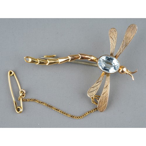 4 - An early 20th century yellow gold and blue stone dragonfly brooch, set with an oval-cut blue stone, ... 