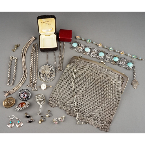 5 - A collection of costume jewellery, including silver pendant, brooches, micro mosaic bracelet, silver... 