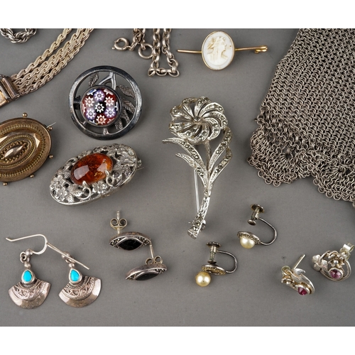 5 - A collection of costume jewellery, including silver pendant, brooches, micro mosaic bracelet, silver... 