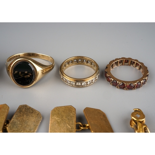 7 - A 9ct yellow gold and onyx signet ring, size W1/2, approx 3.3g; a 9ct yellow gold and white sapphire... 