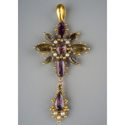 A 19th century Georgian gold and gem-set pendant, set with purple and green foiled back stones, and seed pearls, in a cross form, with pendant drop, beaded edges, inner bale stamped '15ct', approx 7.5cm long; total gross weight approx 7.8g