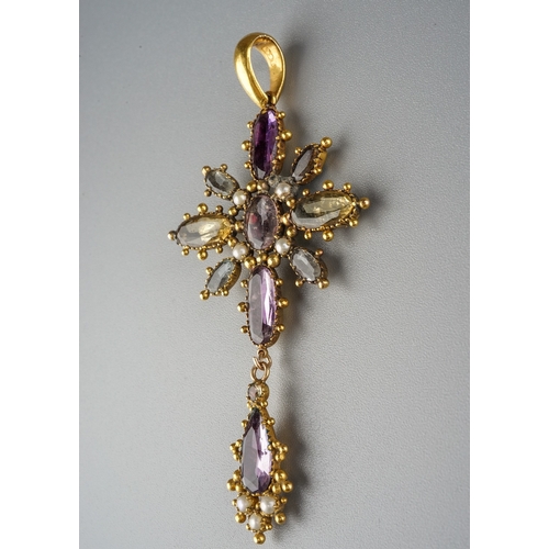 8 - A 19th century Georgian gold and gem-set pendant, set with purple and green foiled back stones, and ... 