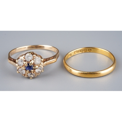 15 - A 22ct ring; and a 9ct gold white and blue sapphire ring (2)