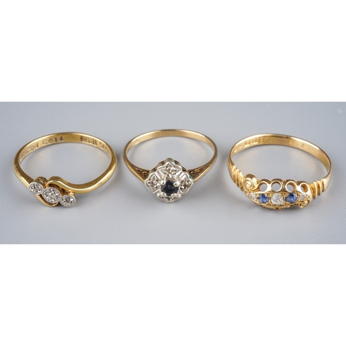 19 - An Edwardian 18ct yellow gold diamond and sapphire ring, size Q, approx 2.5g; an Edwardian 18ct yell... 