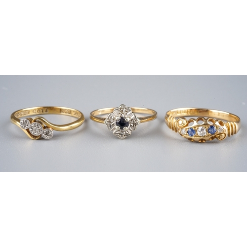 19 - An Edwardian 18ct yellow gold diamond and sapphire ring, size Q, approx 2.5g; an Edwardian 18ct yell... 