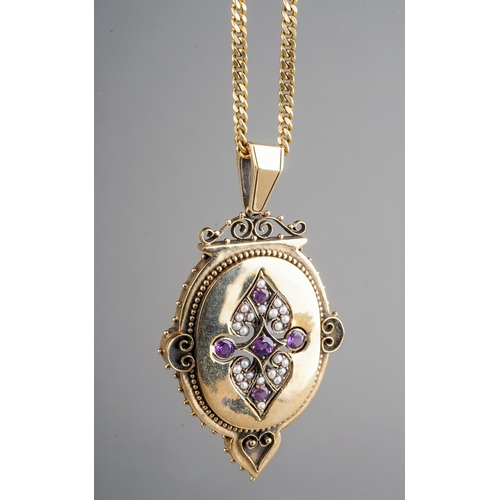 27 - A Victorian style 9ct yellow gold amethyst and seed pearl pendant necklace, glazed locket to verso, ... 