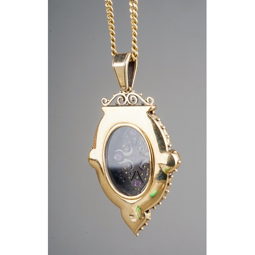 27 - A Victorian style 9ct yellow gold amethyst and seed pearl pendant necklace, glazed locket to verso, ... 