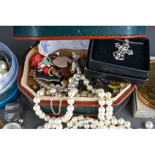 57 - Costume jewellery, including beads, bracelets, necklaces, silver, faux pearls, earrings, silver ring... 