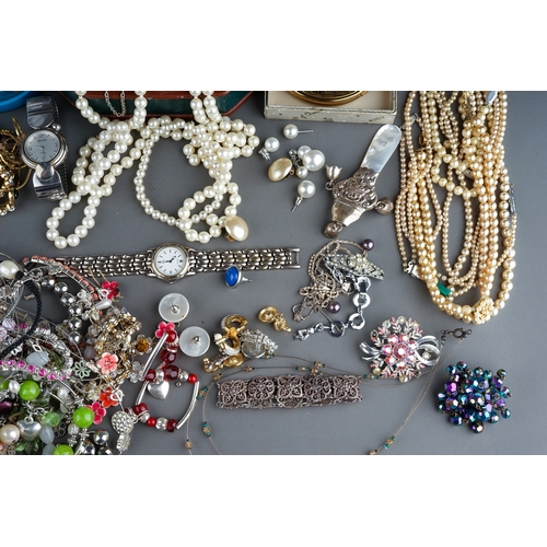 57 - Costume jewellery, including beads, bracelets, necklaces, silver, faux pearls, earrings, silver ring... 