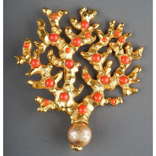 73 - Lorenz Paris - a large gold-plated brooch in the form of a coral branch, set with coral coloured gla... 