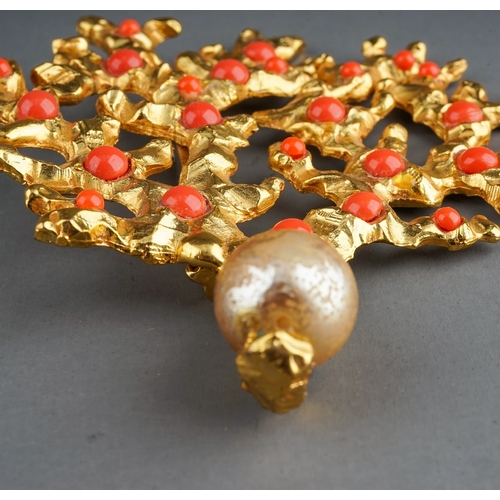 73 - Lorenz Paris - a large gold-plated brooch in the form of a coral branch, set with coral coloured gla... 