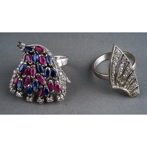 78 - A white gold diamond, ruby and sapphire dress ring, unmarked assessed as a minimum of 9ct, gross wei... 