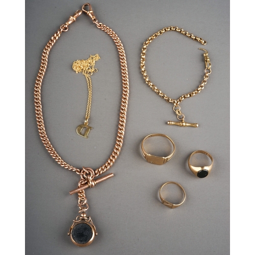 79 - Collection of 9ct gold jewellery to include 3 rings, watch albert chain with agate fob, and 2 chains... 