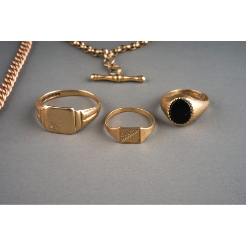 79 - Collection of 9ct gold jewellery to include 3 rings, watch albert chain with agate fob, and 2 chains... 