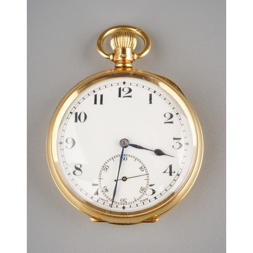 82 - An 18ct yellow gold open faced pocket watch, 43mm white enamel dial with Arabic numerals and subsidi... 