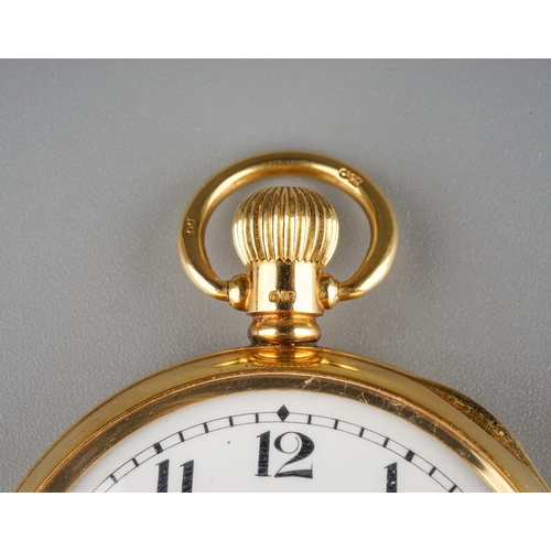 82 - An 18ct yellow gold open faced pocket watch, 43mm white enamel dial with Arabic numerals and subsidi... 