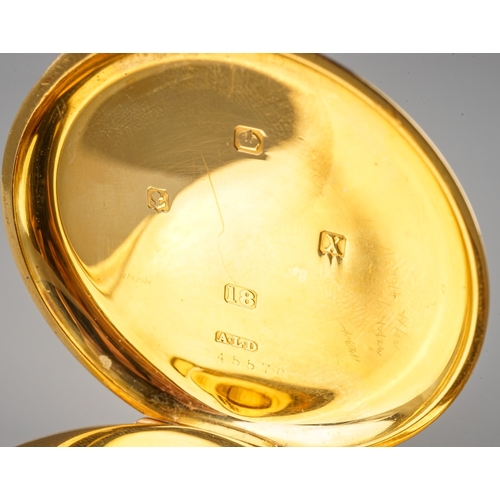 82 - An 18ct yellow gold open faced pocket watch, 43mm white enamel dial with Arabic numerals and subsidi... 