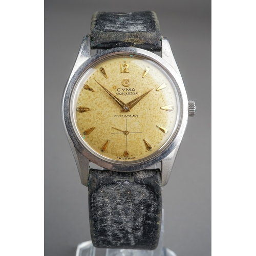 83 - A mid 20th century CYMA Navy Star gentleman's stainless steel wristwatch, gilt baton marks, on black... 