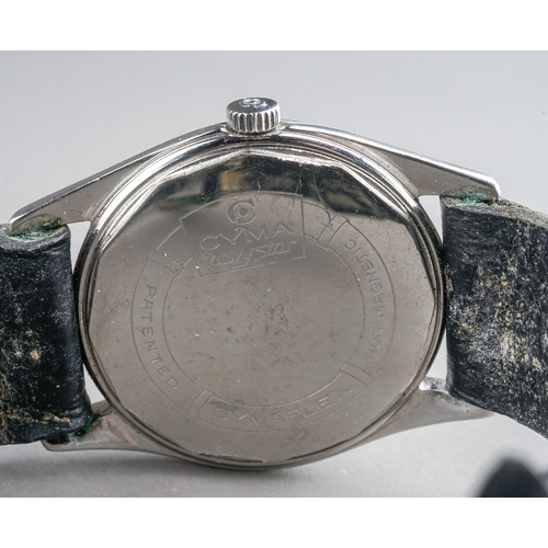 83 - A mid 20th century CYMA Navy Star gentleman's stainless steel wristwatch, gilt baton marks, on black... 