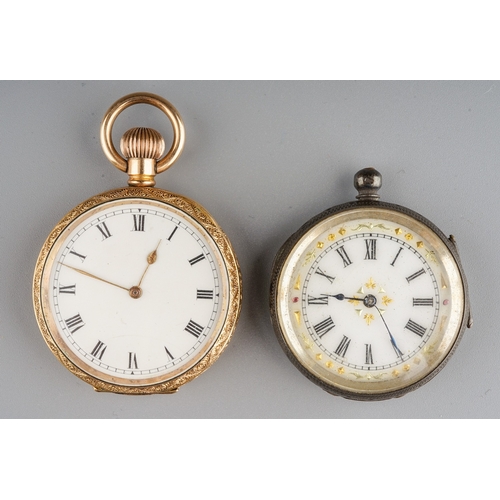 87 - A ladies Waltham Watch Co 10ct gold plated fob / pocket watch, 35mm white enamel dial with black Rom... 